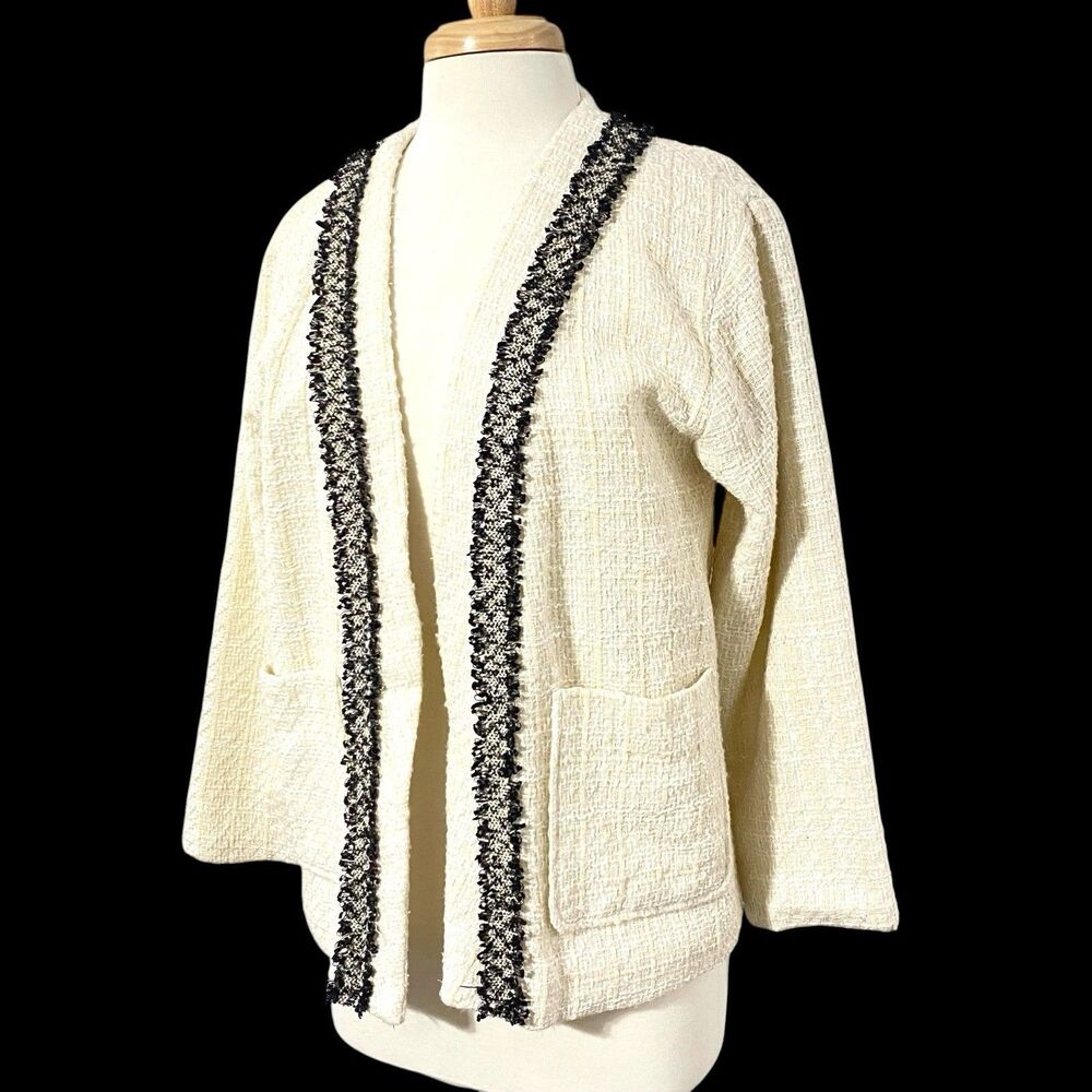 SETRE Women's M vtg 90s IVORY BOUCLE Open Front Jacket Black Gold Trim OLD MONEY
